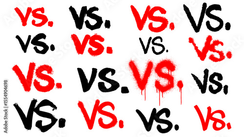 Hand-drawn lettering set featuring the word "VS" in 16 unique styles including graffiti tags and brush strokes. Rendered in black and red on transparent background, perfect for urban vector designs.