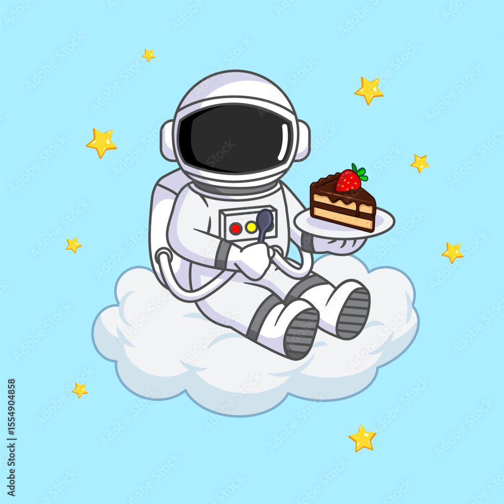Naklejka premium Cute Astronaut in Space Enjoying Cake on a Cloud Vector Illustration Cartoon Design