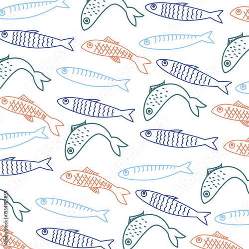 Seamless pattern with hand drawn sardine. Mediterranean vintage background. Nautical food print. Marine coastal wallpaper for wrapping paper, fabric and decor. 

