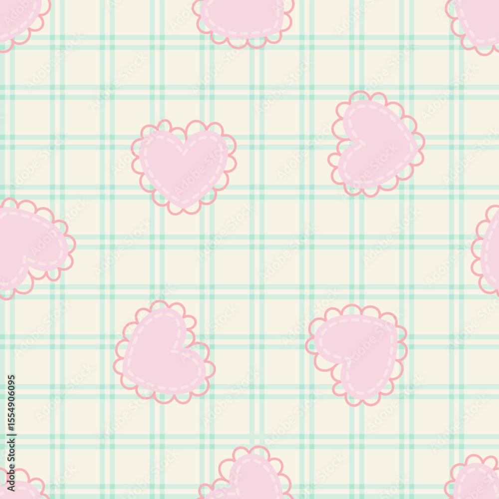 Colourful hearts and lines seamless pattern. Cute cartoon heart vector on checked for fabric, scarves, cards, scrapbooks, wrapping paper, and textiles Colourful hearts and lines seamless pattern. Cute cartoon heart vector on checked for fabric, scarves, cards, scrapbooks, wrapping paper, and textiles