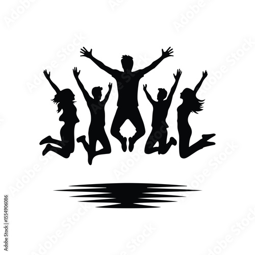 friends jumping vector silhouette clip art logo design illustration