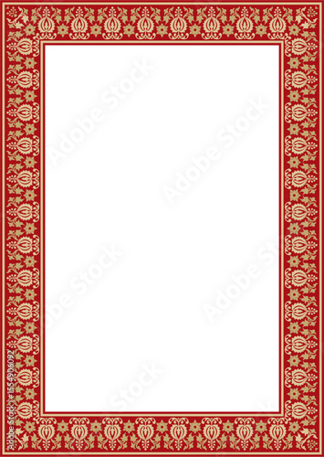 Vector square gold with red ancient Russian ornament. Slavic rectangle, border, frame. Painting of the royal chambers.
