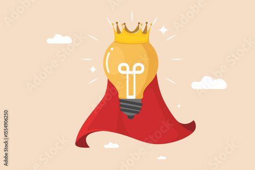 Conceptual Illustration of a Light Bulb Wearing a Crown and Superhero Cape, Representing Super Ideas, Innovation, and the Power of Creative Thought.