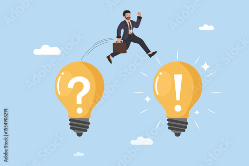 Businessman Jumps from Problem to Solution: Concept of Innovation, Breakthrough, and Finding Answers.