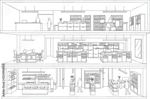 Modern office and retail store interior sketch, detailed line drawing, workspace with people, organized layout, storage, fashion display scene

 flat vector illustration
