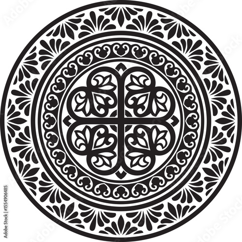 Vector black monochrome stencil round classic byzantine ornament. Circle, ring, border, Ancient Greece, Eastern Roman Empire frame. Decoration of the Russian Orthodox Church
