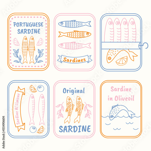Hand drawn sardine tin illustrations. Vintage doodle style canned fish labels. Portuguese sardines, lemon olive oil seafood, retro fish packaging icons. Coastal Mediterranean product sketch art.