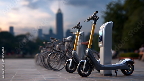 Electric Scooters and Bicycles Parked at a City Rental Station at Sunset