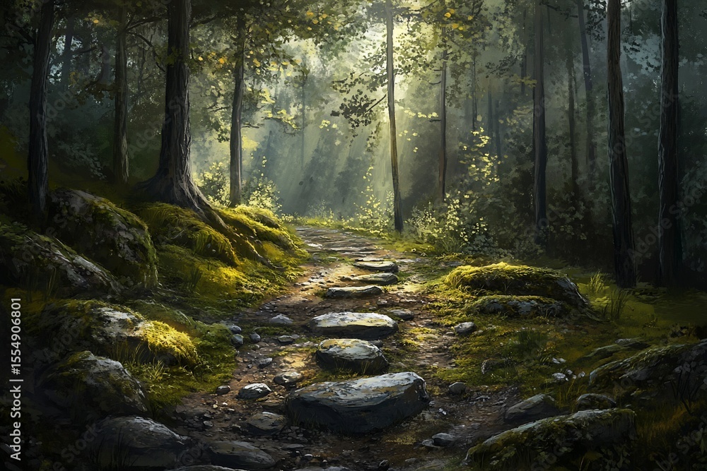 Obraz premium Sunlit path through a mossy forest