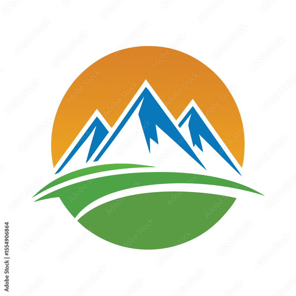 Obraz premium Blue jagged peaks rise above green rolling hills under an orange sky mountains