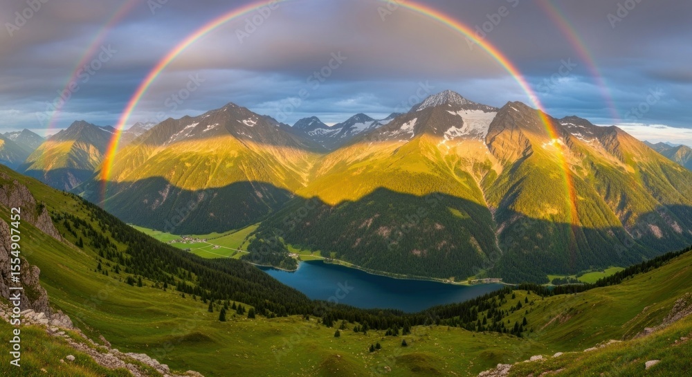Obraz premium Majestic mountain range with a double rainbow arching over the peaks and valley.