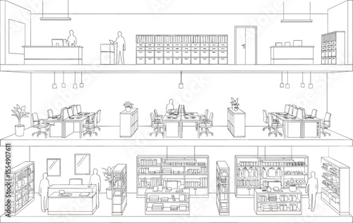 Three-level office and retail interior line drawing, workspace with desks, storage shelves, reception area, modern layout, shopping section display

 flat vector illustration