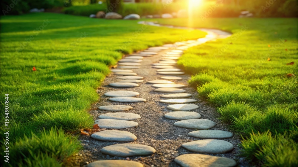 Obraz premium Serene Sunset Stroll Along a Gently Winding Stone Path Through Lush Green Grass