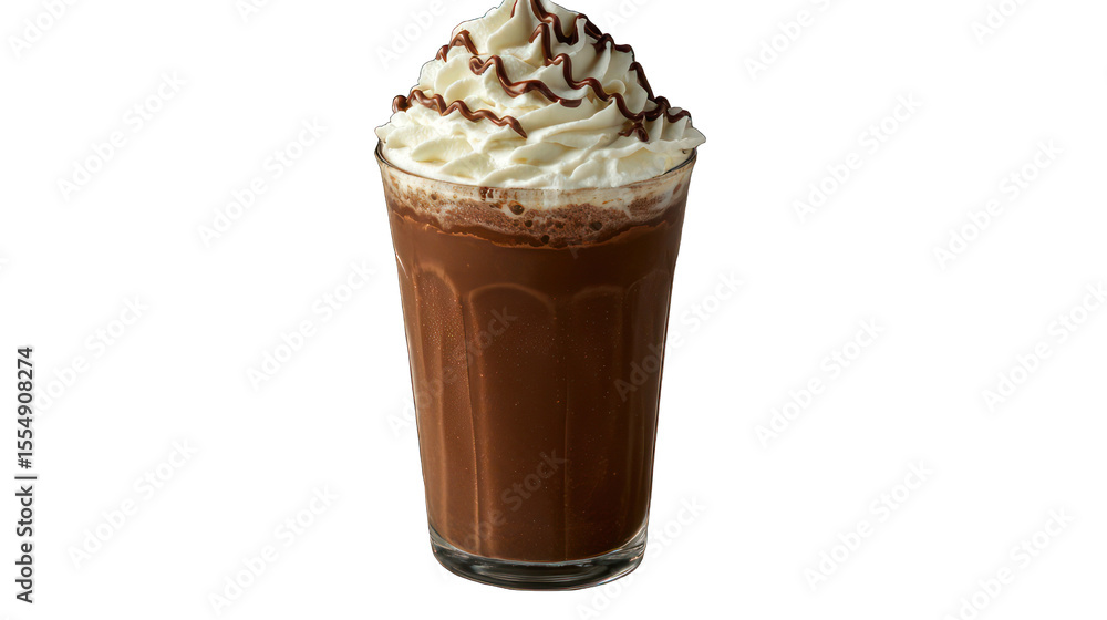 Chocolate milkshake in a tall glass, topped with whipped cream and chocolate drizzle Chocolate milkshake in a tall glass, topped with whipped cream and chocolate drizzle