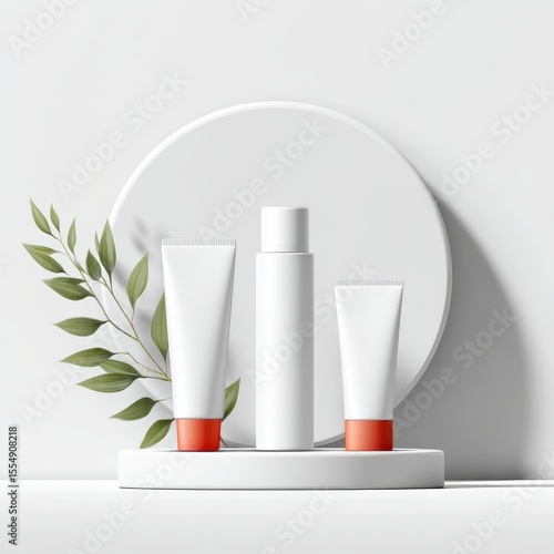 Wallpaper Mural Minimalist cosmetic skincare set with two tubes and one bottle on a round platform, accented with green leaves and soft shadows on a white background. Torontodigital.ca