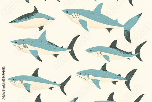 A soft, retro-themed design of small sharks in a low-contrast color scheme, giving off a classic and nostalgic atmosphere