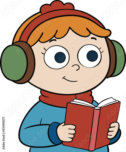Child Wearing Earmuffs Holding Songbook Illustration.