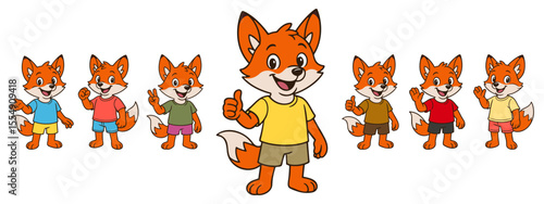Cartoon fox characters wearing colorful t-shirts and shorts in playful poses. Variety of gestures and outfits on white background. Center character enlarged