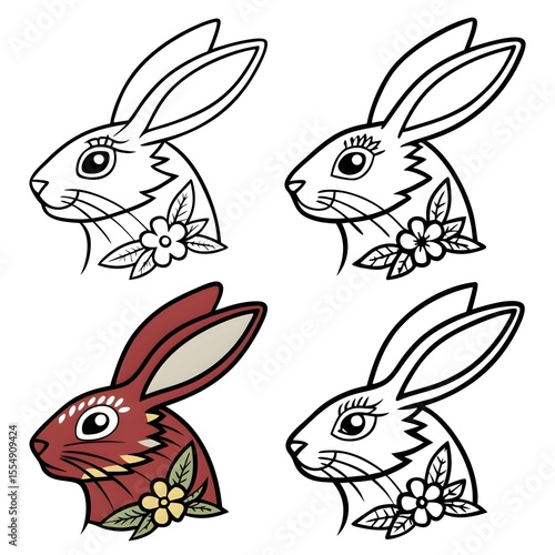 A cute cartoon vector illustration set of happy Easter bunny rabbits with carrots and eggs