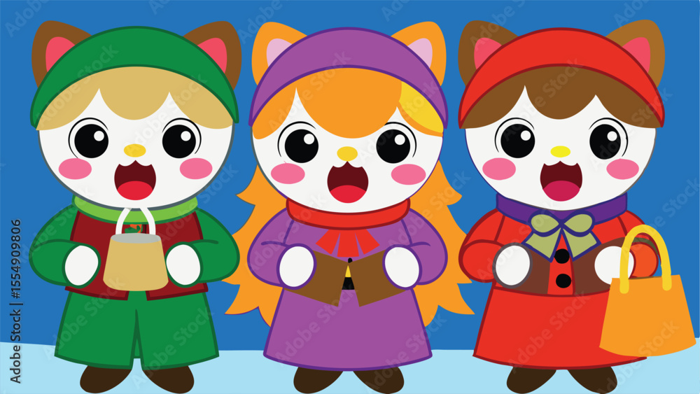 Obraz premium Christmas Carolers Singing at Doorstep with Gift Bags.