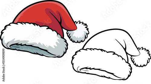 Santa hat vector illustration showing red and white Christmas hat suitable for winter holiday festive celebration cartoon decoration or seasonal design themes