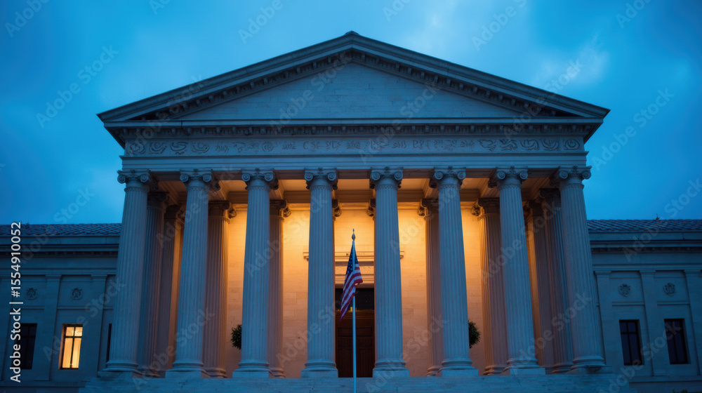 Obraz premium Majestic building with columns, illuminated at dusk, featuring American flag in front, symbolizing governance and justice