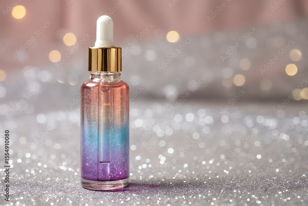 Elegant Dropper Bottle with Gradient Color on Sparkling Background Elegant Dropper Bottle with Gradient Color on Sparkling Background