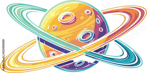 A stylized cartoon planet with rings orbiting it against a dark purple background in a vibrant color scheme
