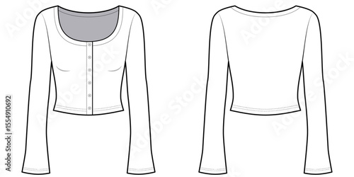 Round Neck Button Down Long Sleeve Shirt with Flared Sleeves- Crop Shirt -Slim Fit- Front and Back View- Flat Vector Illustration