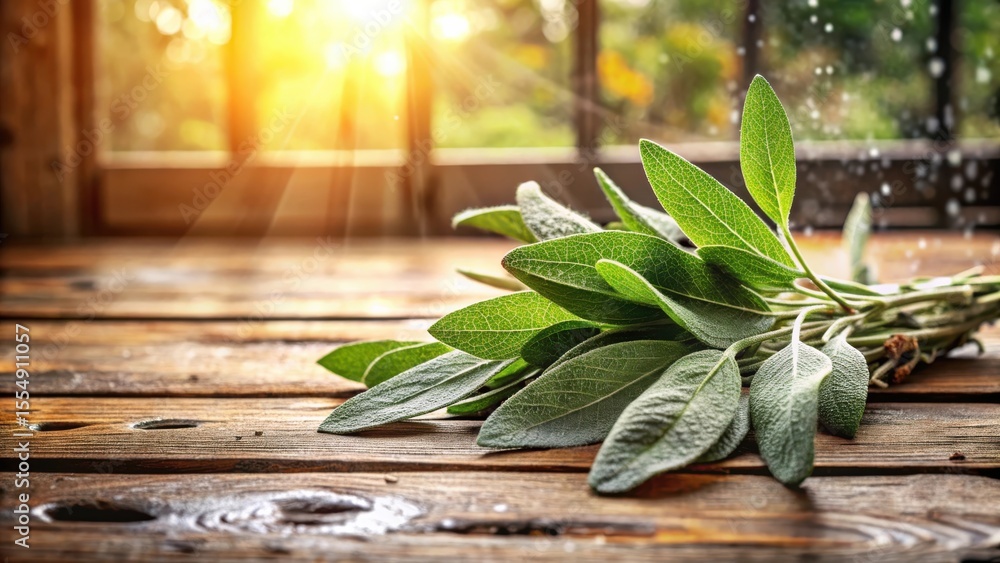 Obraz premium Fresh Sage Sprig on Rustic Wooden Surface with Sunlight Streaming Through a Window