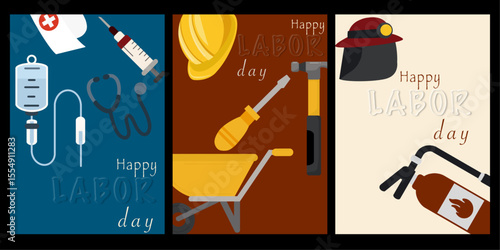 Happy labor day with background brick wall, construction elements, health, firefighter for Labor Day themed