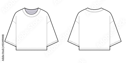 Crop Boxy T-shirt Baggy Shirt Crew-neck- Front and Back View- Flat Vector Illustration-CAD Mock-up 