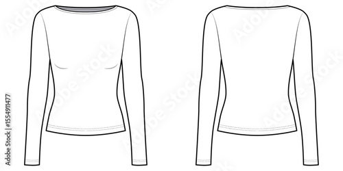 Slim Fit Boat Neck Long Sleeve Shirt- Front and Back View- Flat Vector Illustration- Long Sleeve Shirt CAD/ Vector Mock-up 
