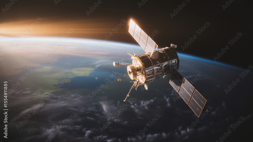 Fototapeta premium A satellite orbiting earth with visible solar panels and earth atmosphere in the background view