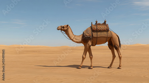 Camel desert sand sky saddle animal travel arid landscape journey hot brown mammal traditional