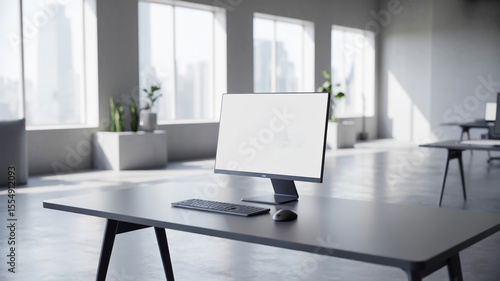 Wallpaper Mural A computer setup on a desk in a bright office space with windows and plants in the background area Torontodigital.ca