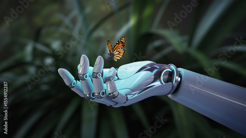 A monarch butterfly resting gently on a robotic hand with a blurred green foliage background scene