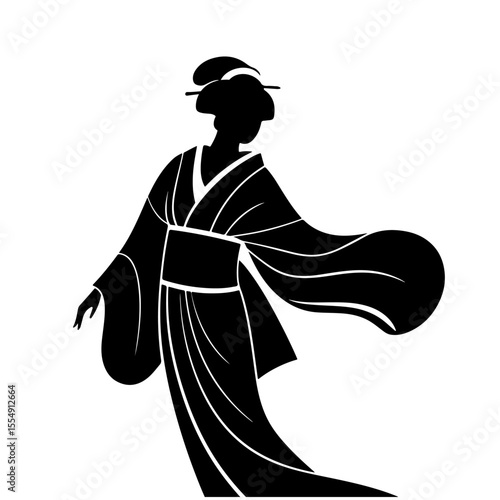 Elegant black silhouette of a geisha in traditional kimono, vector illustration