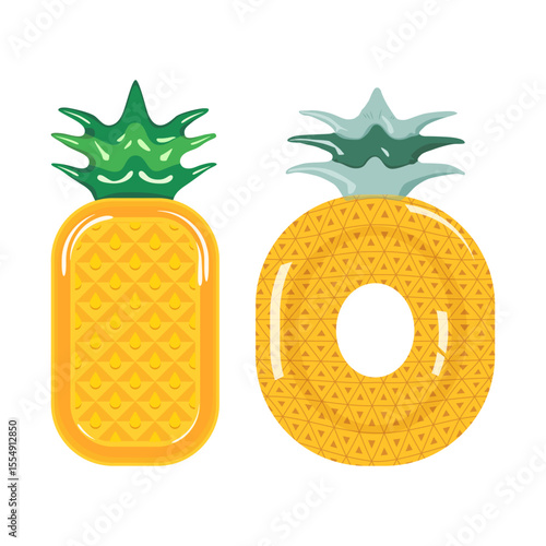 Vector illustration of two fun pineapple-shaped inflatable pool floats — one in mattress form and one in donut ring style. Bright tropical design perfect for summer, beach themes, and vacation concept