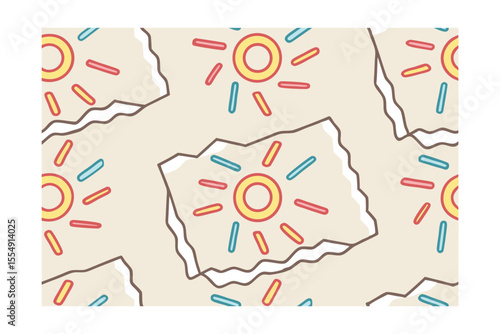 Repeating pattern of stylized donuts with yellow red blue sprinkles on a light beige background