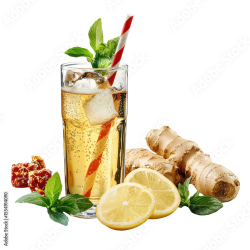 Refreshing Ginger Ale Drink with Fresh Ginger, Lemon Slices, Mint Leaves, and Colorful Straw for Summer Vibes transparent background