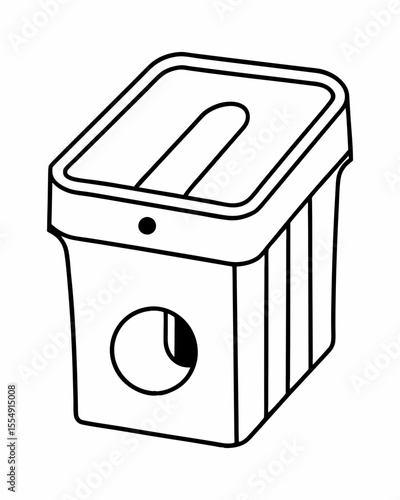 Simple black and white line drawing of a manual pencil sharpener with a shavings container