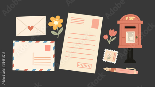 Vintage-inspired flat illustration set of mail and postage-themed elements. Includes hand-drawn letter, envelope, stamp, postbox, pen, and flowers. Perfect for stationery and romantic messages.