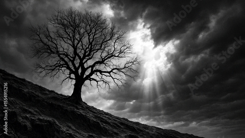Silhouette of a withered old tree standing alone under a cloudy sky in a dry season landscape, symbolizing loneliness, endurance, and the harsh beauty of drought