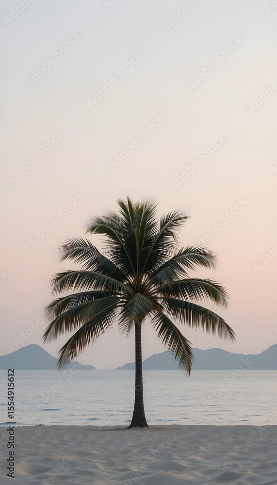 Obraz premium Minimalist Palm Tree on Tranquil Beach at Sunrise or Sunset