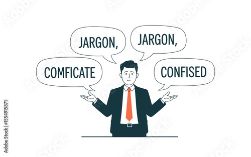 Confused Businessman surrounded by Jargon, Illustration of Miscommunication and Lack of Clarity