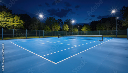 Illuminated tennis court at night with dark blue sky and clouds, showing the net, lines, and surrounding trees.