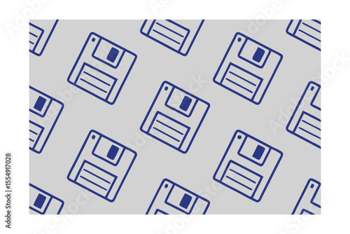 Blue outline floppy disk pattern on a light gray background retro computer data storage design