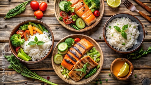 Wallpaper Mural Top View Of Assorted Healthy Lunch Bowls With Grilled Items Torontodigital.ca