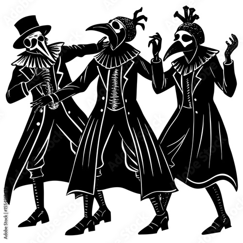 Striking plague doctors graphic, showcasing medieval figures in dramatic poses ideal for historical themes and unique brand designs.